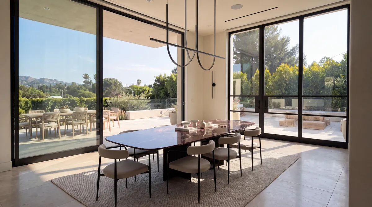 Oval stone top on a dark sculpted base with curved chairs in a glass walled room