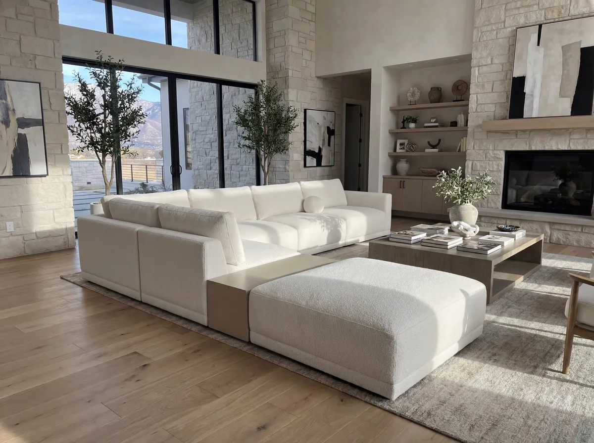 Large ivory boucle sectional with a matching oversized ottoman in a stone walled living room