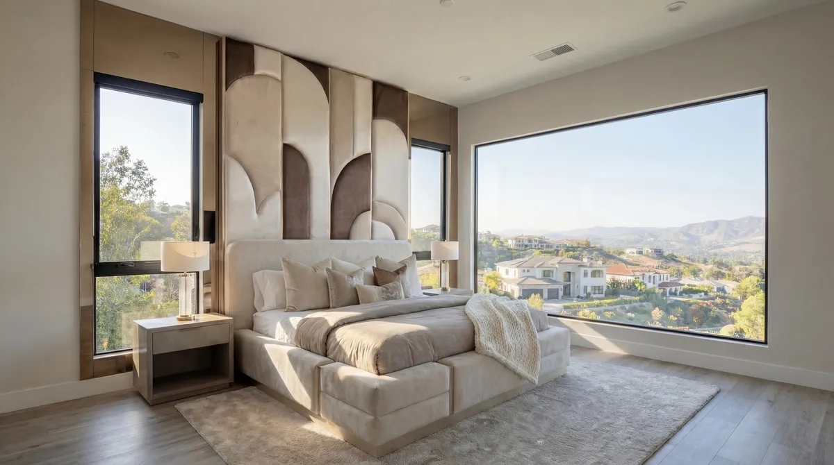 Upholstered platform bed with a sculpted cream and bronze padded headboard wall