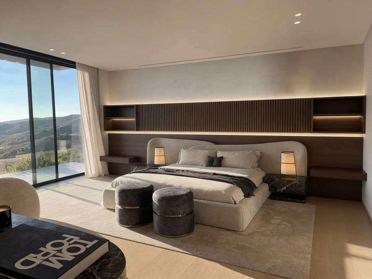 Curved upholstered bed set into a fluted walnut headboard wall with floating nightstands
