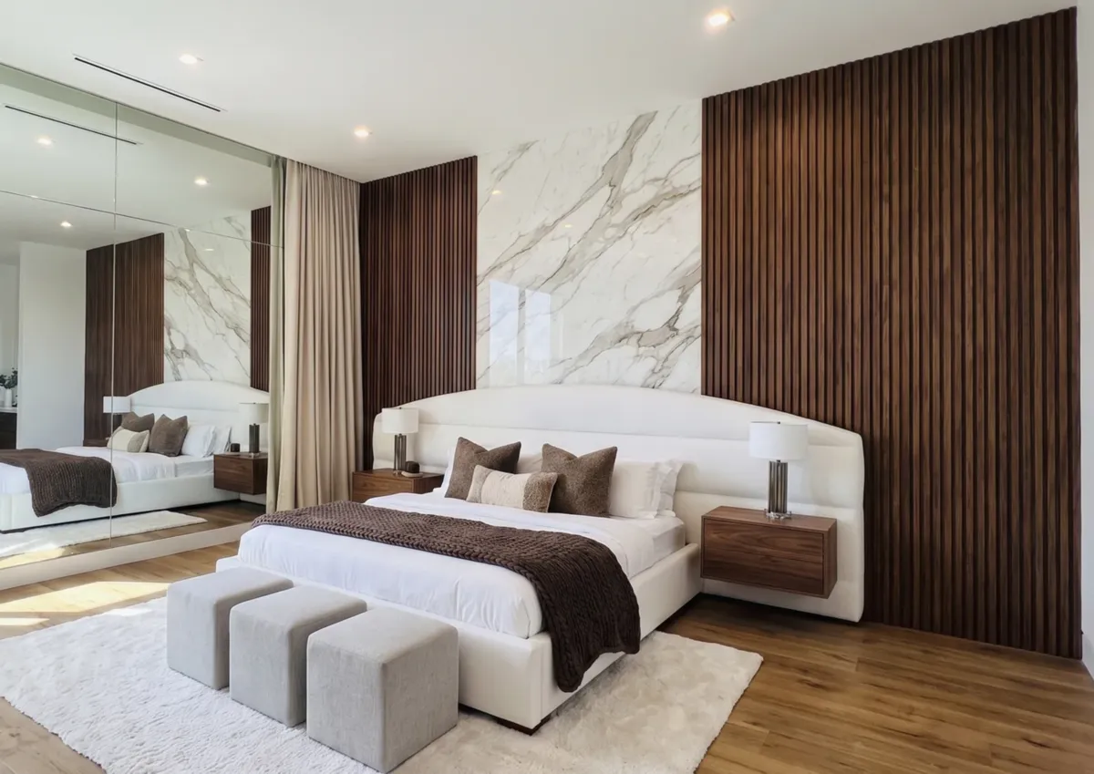 White upholstered wall to wall bed against a marble panel and walnut slat wall
